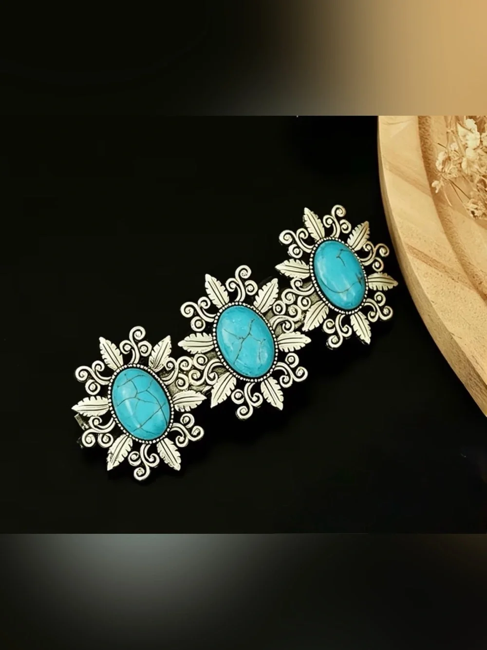 Western Barrette Turquoise Stone Silver Hair Barrette - Women Accessories